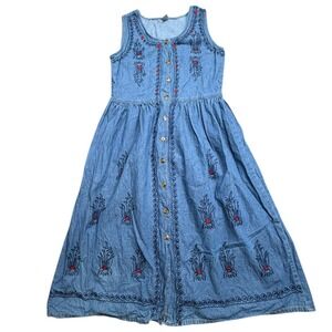 Denim Jazz Chambray Denim Embroidered Maxi Dress Sleeveless Button Front Boho L